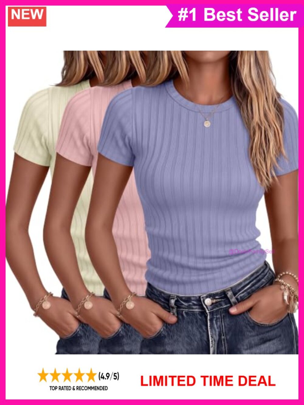 3 Pack Womens Ribbed Cotton T-Shirts Crewneck Short Sleeve Slim Fit Tees